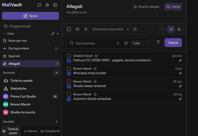 Nella barra laterale si apre la vista salvata Allegati, che elenca 316 email, poi Da rispondere ne elenca 41 e si riapre Allegati. · Reviewed for MailVault version 2.20.0