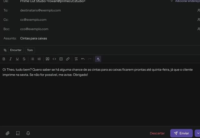 Um parágrafo rascunhado está numa nova mensagem, Encurtar é clicado, um diálogo de revisão mostra que o texto será enviado para Este dispositivo, e a reescrita feita no dispositivo substitui o rascunho. · Reviewed for MailVault version 2.20.0