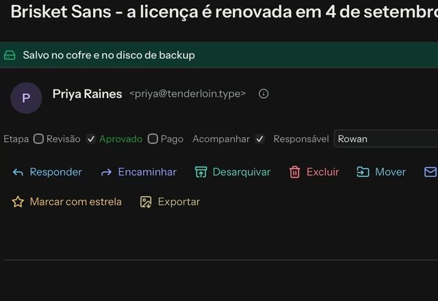 Na faixa de campos de uma mensagem aberta, Etapa é definida como Aprovado, Acompanhar é marcado e Rowan é digitado como Responsável. · Reviewed for MailVault version 2.20.0