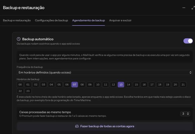 Em Agendamento de backup, o backup automático é ativado, a frequência muda para Em horários definidos e as horas 07, 13 e 22 são escolhidas. · Reviewed for MailVault version 2.20.0