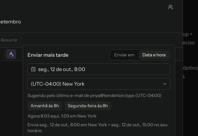 Em Enviar mais tarde, Amanhã às 8h é escolhido, Agendar envio é clicado e a mensagem aparece em Agendados. · Reviewed for MailVault version 2.20.0