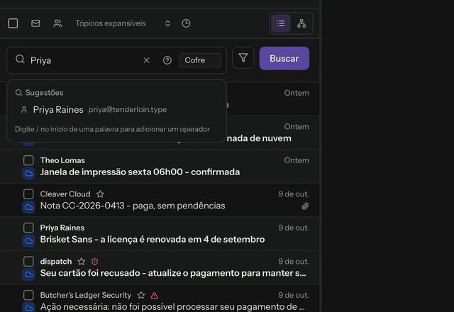 Priya é digitado na caixa de busca, Buscar é clicado e as mensagens correspondentes aparecem na lista. · Reviewed for MailVault version 2.20.0