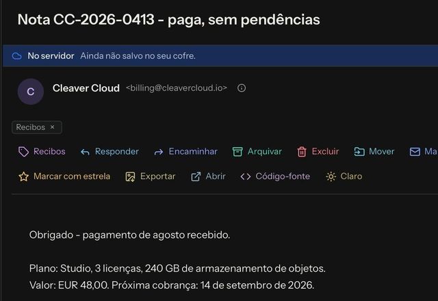 Na mensagem aberta, uma ação rápida de tag é clicada e uma tag Recibos aparece sob o remetente. · Reviewed for MailVault version 2.20.0