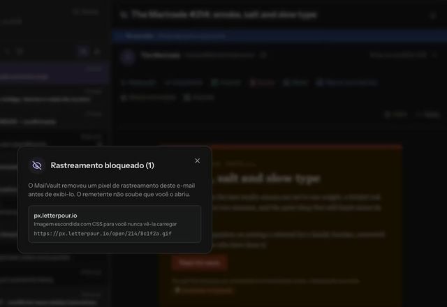 Uma newsletter abre marcada como Rastreador bloqueado, e o ícone de olho abre Rastreamento bloqueado (1), que nomeia o rastreador. · Reviewed for MailVault version 2.20.0