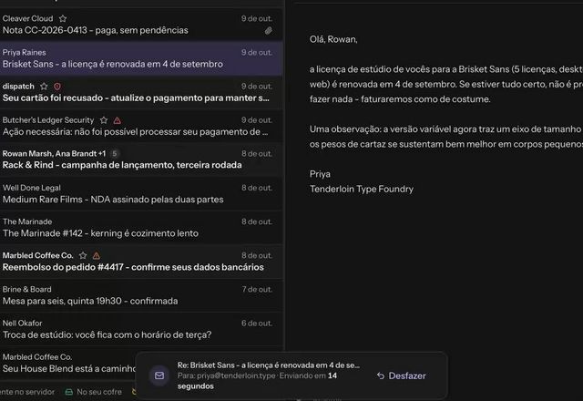 Uma resposta é enviada, um aviso diz Enviando em 15 segundos com Desfazer, Desfazer é clicado e o rascunho volta. · Reviewed for MailVault version 2.20.0