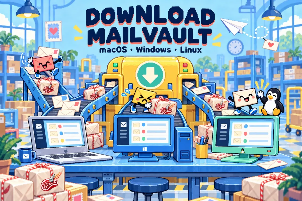 MailVault für macOS, Windows und Linux herunterladen: Umschläge tragen Pakete auf Förderbändern zu einem Mac, einem Windows-PC und einem Linux-Computer