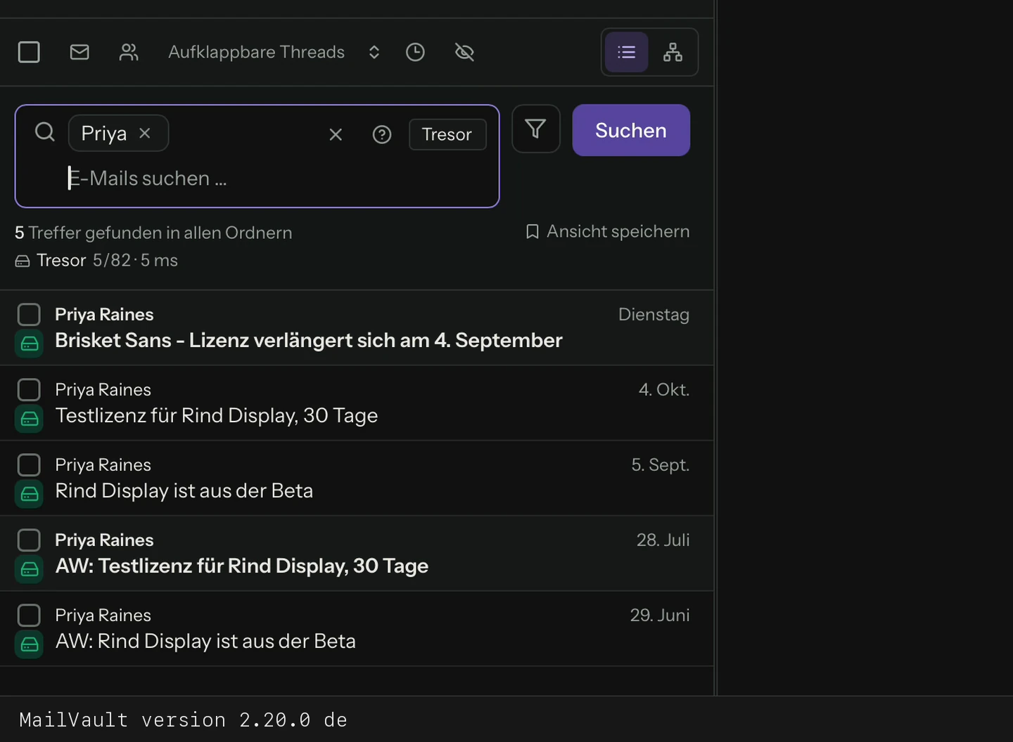 Lokale Nachrichten nach Priya durchsuchen und Treffer anzeigen · MailVault version 2.20.0 de