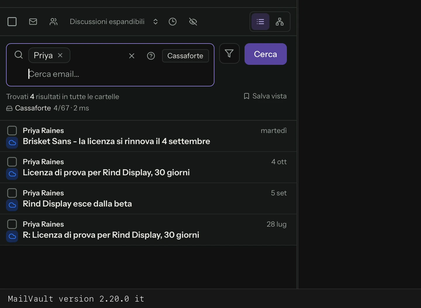 Cercare Priya nei messaggi locali e mostrare i risultati · MailVault version 2.20.0 it