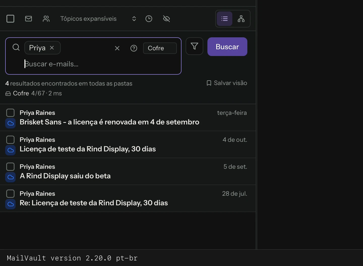 Pesquisar Priya nas mensagens locais e exibir os resultados · MailVault version 2.20.0 pt-br