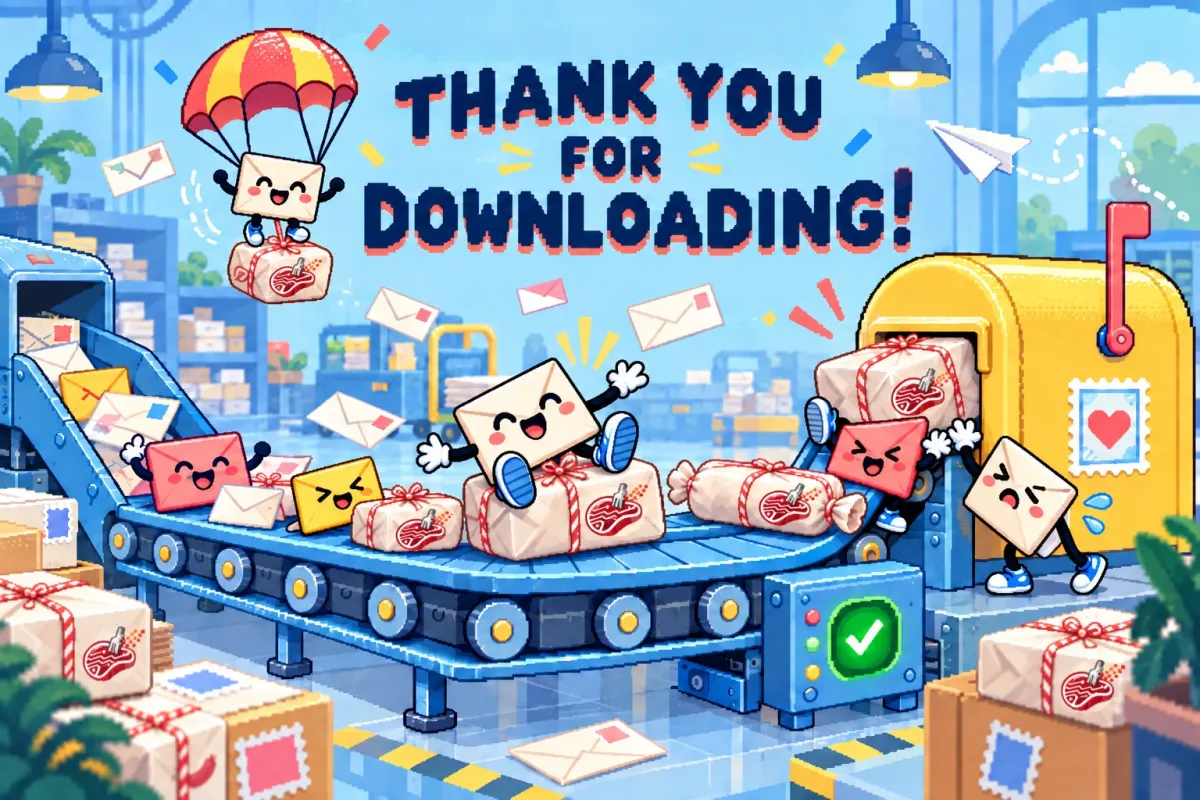 Thank you for downloading MailVault: happy envelopes riding a conveyor belt into a mailbox
