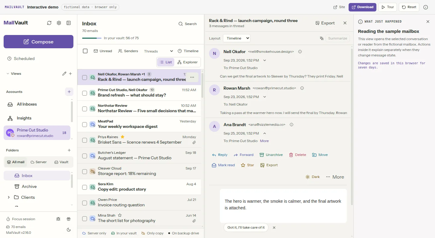 MailVault inbox with threaded email conversations