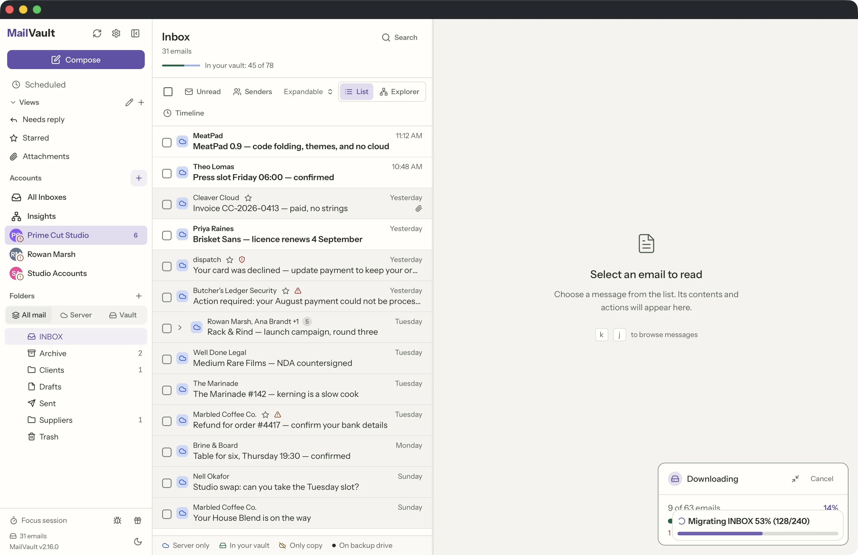 Manual backups in the MailVault window