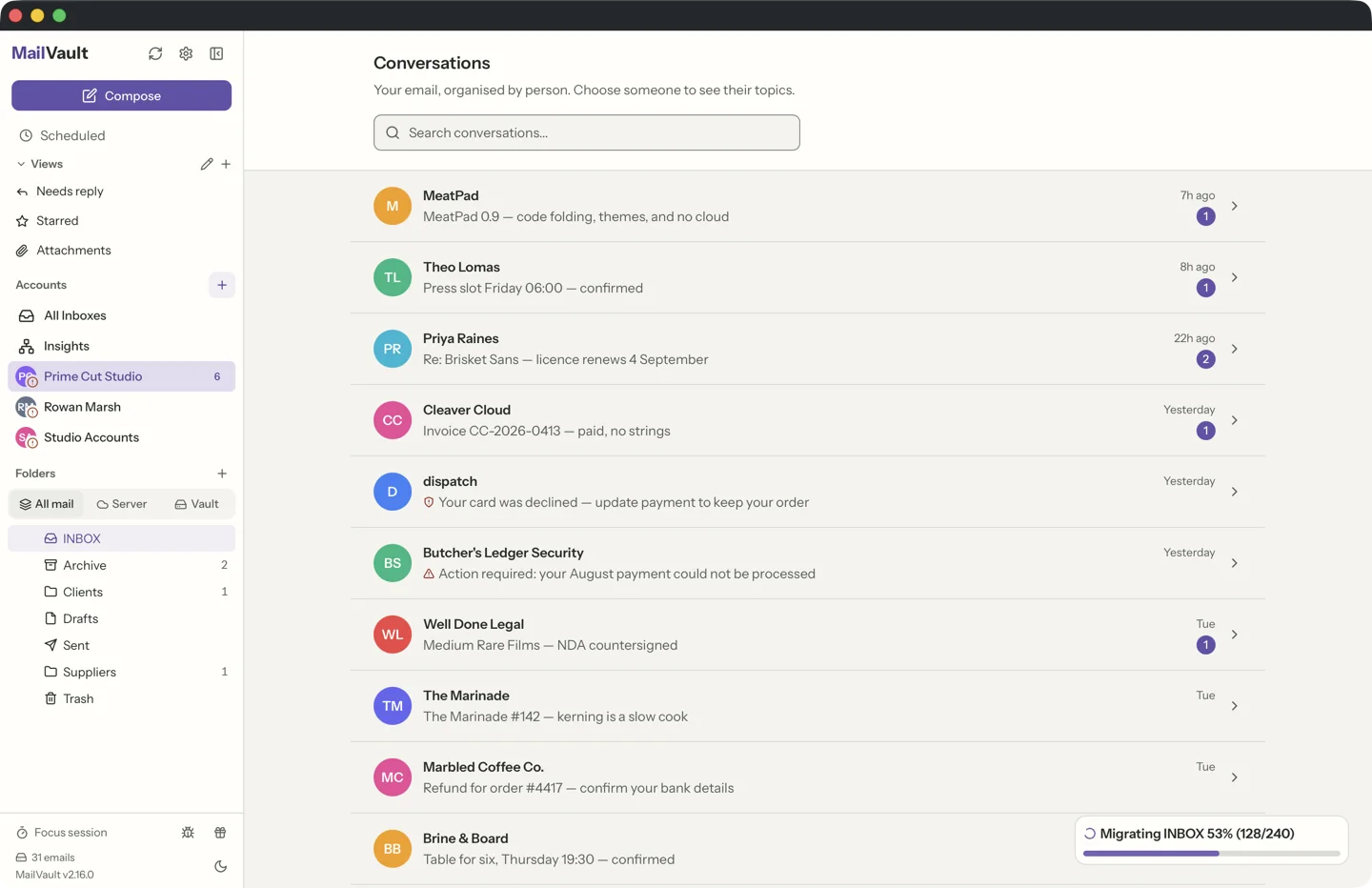 MailVault chat view showing topic list with conversation previews and unread counts