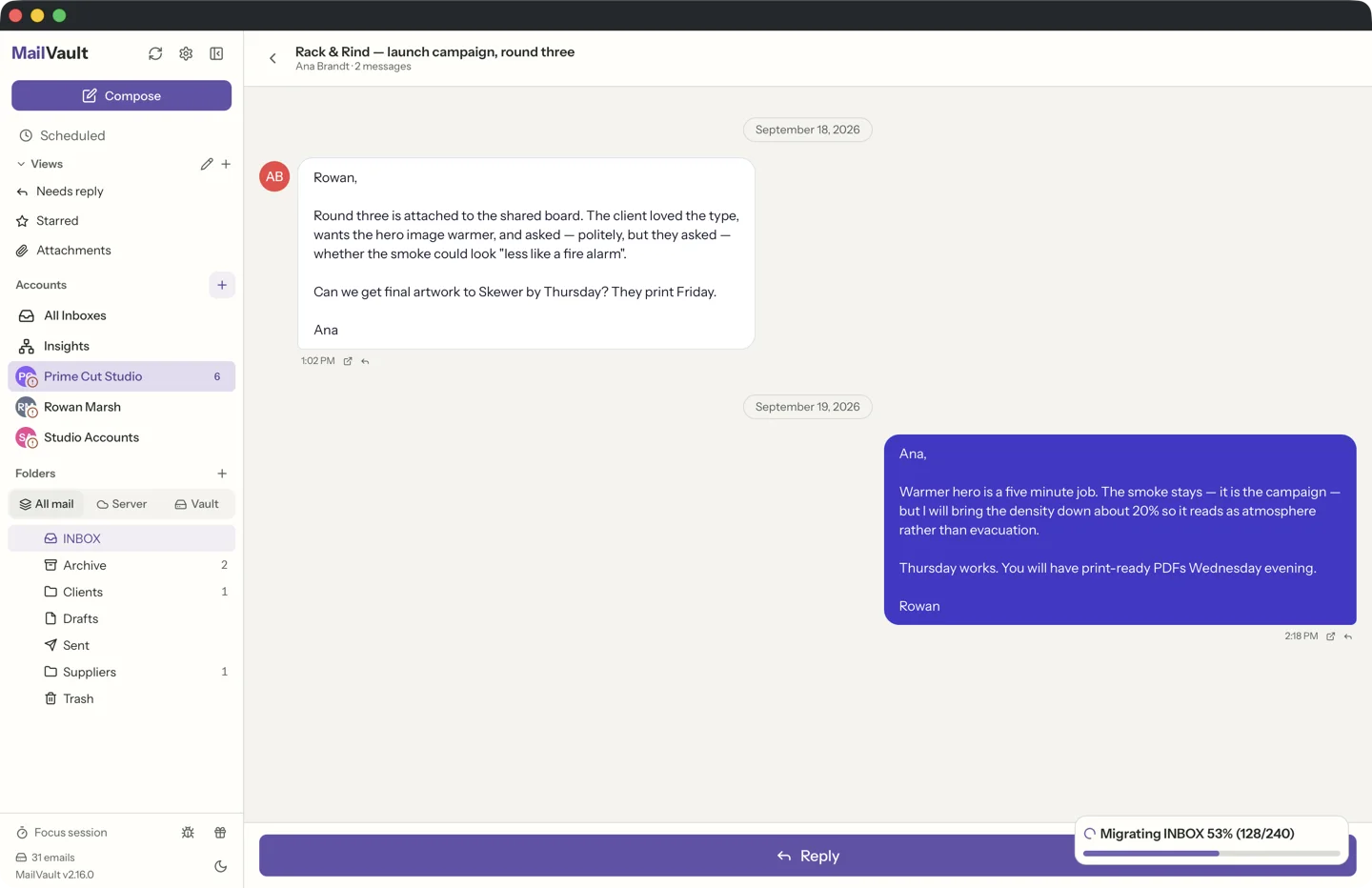 MailVault threaded conversation view with emails stacked chronologically and quote folding