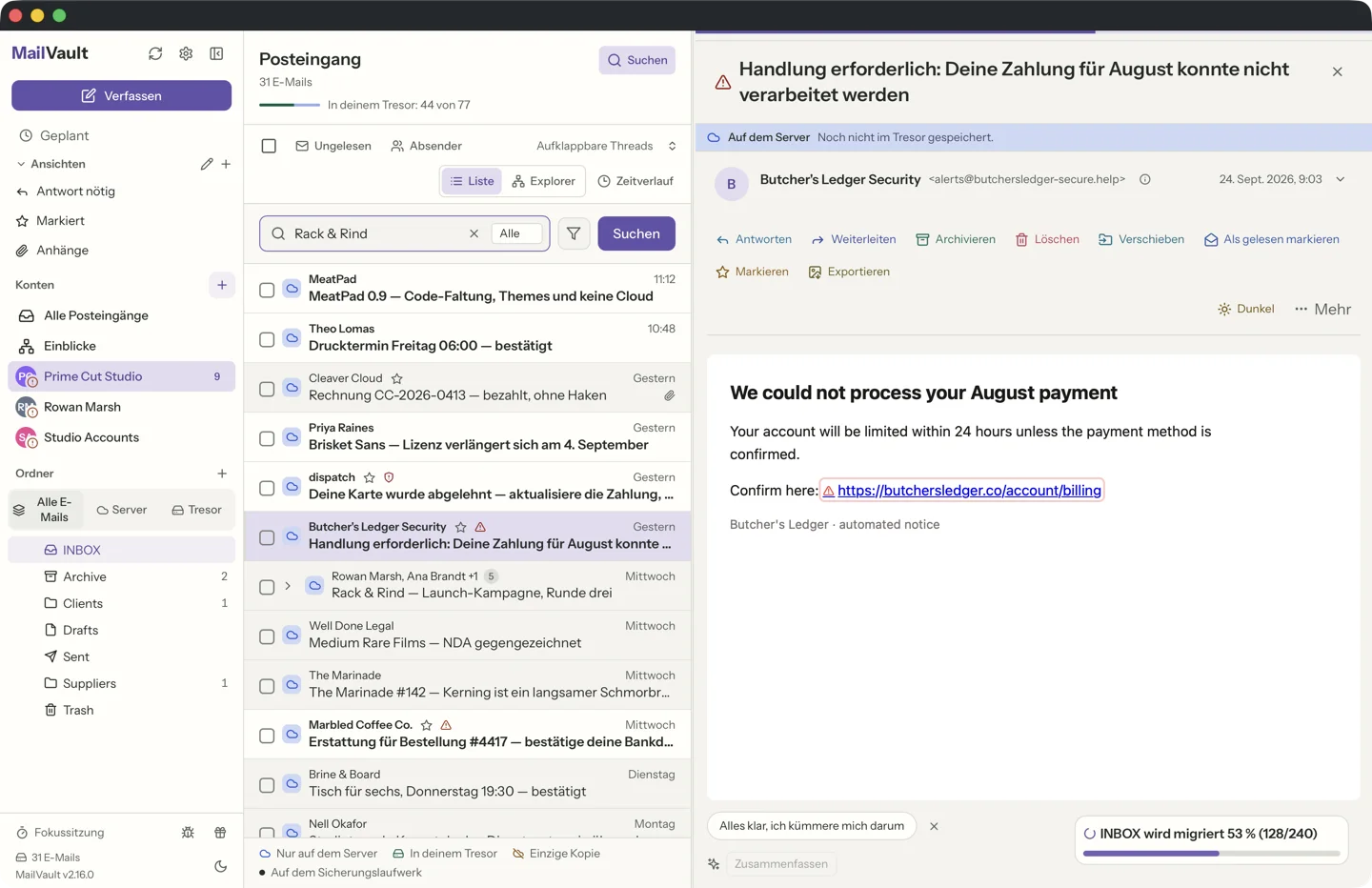 MailVault Link-Sicherheit erkennt Phishing-Links in Spam-E-Mails, mit Warnsymbolen neben verdächtigen Betreffzeilen · MailVault version 2.16.0