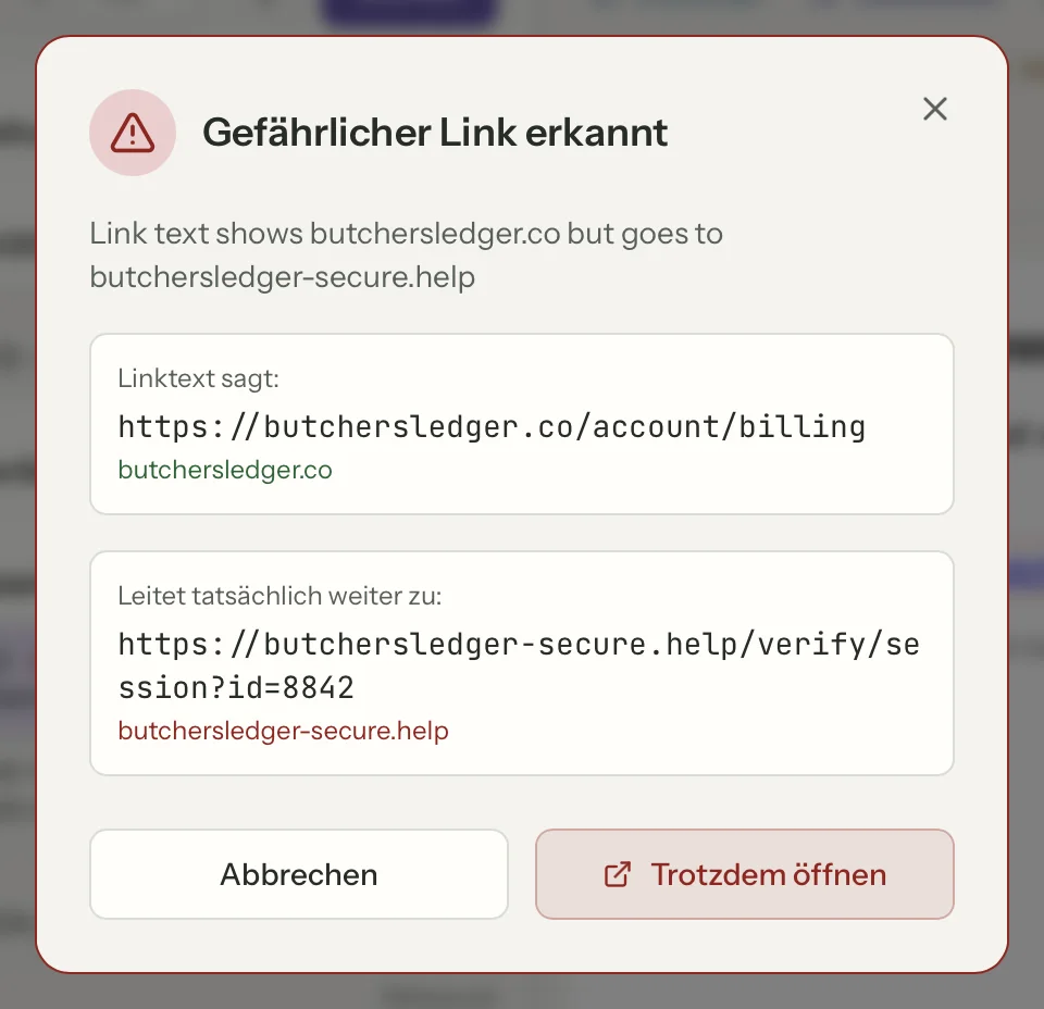 Link-Sicherheit in MailVault, Nahaufnahme