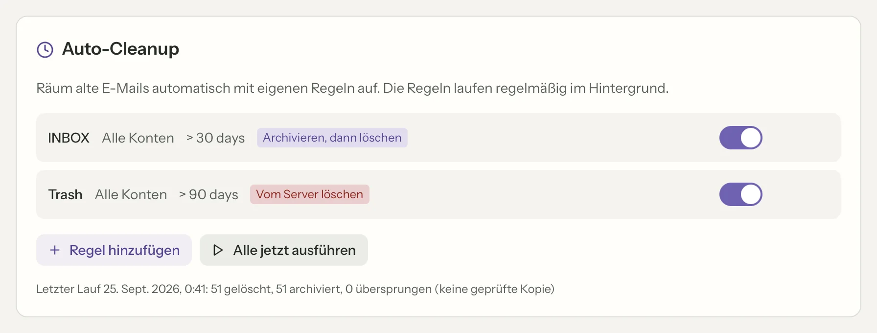 Archivieren & löschen in MailVault, Nahaufnahme