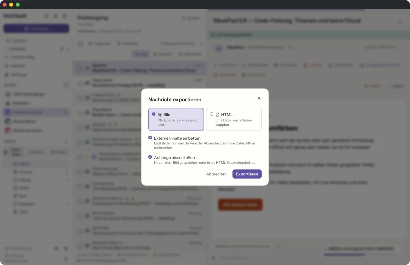 Als Bild oder HTML exportieren in MailVault · MailVault version 2.16.0