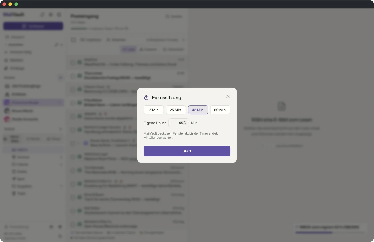MailVault-Dialog für die Fokussitzung mit voreingestellten Minuten, einem Feld für eine eigene Dauer und Start · MailVault version 2.16.0
