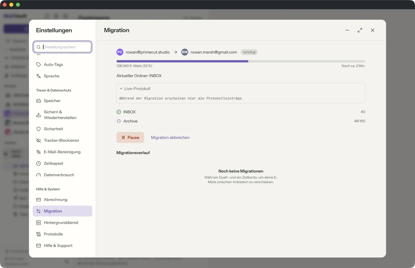 Postfachmigration in MailVault · MailVault version 2.16.0
