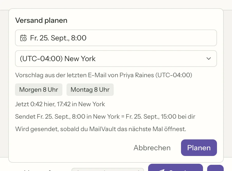 Geplanter Versand in MailVault, Nahaufnahme