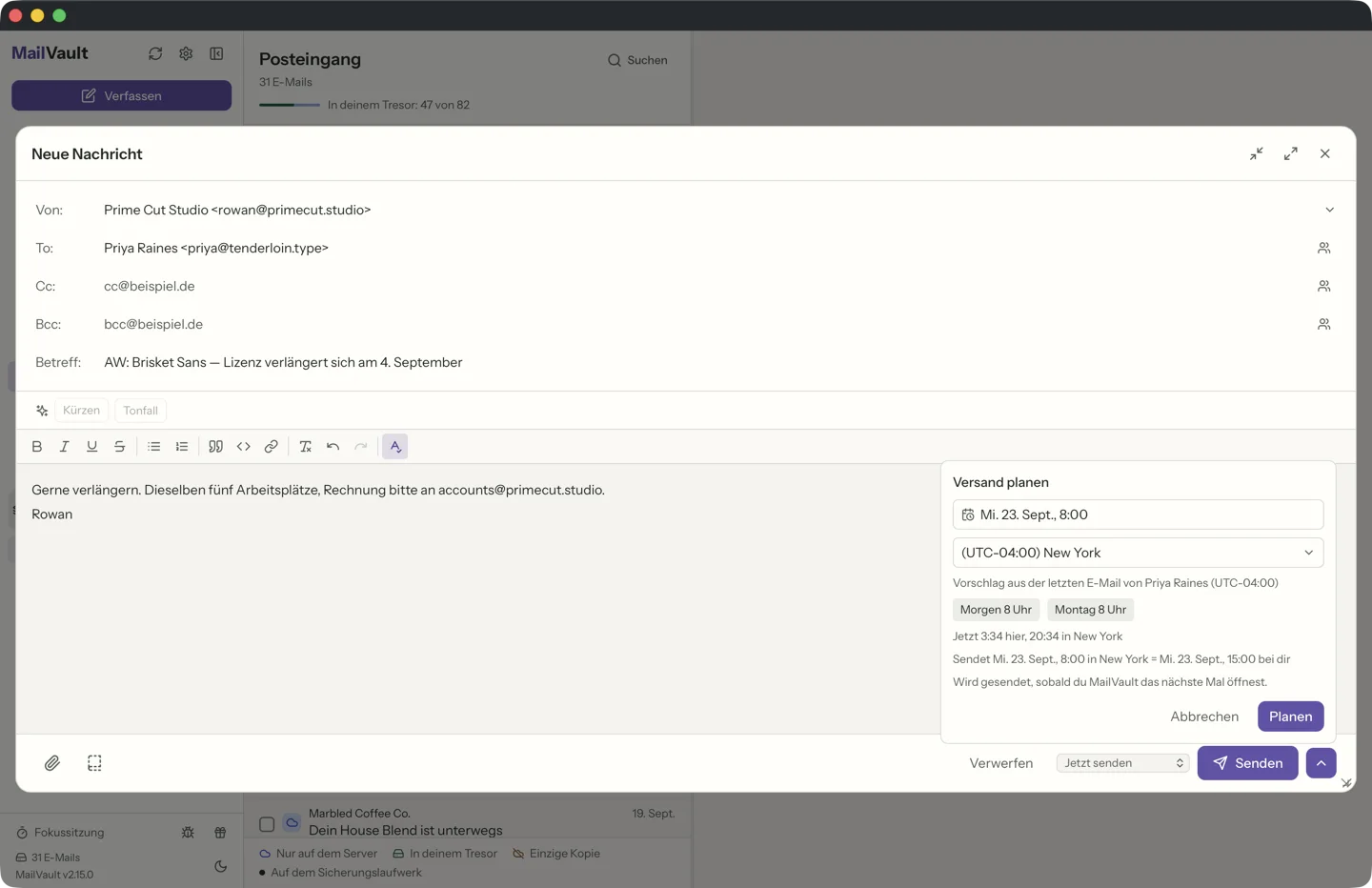 Neue Nachricht in MailVault mit geöffnetem Bereich „Versand planen“: eine Antwort für 8:00 Uhr in New York, die Zeitzone vorgeschlagen aus der letzten E-Mail des Empfängers