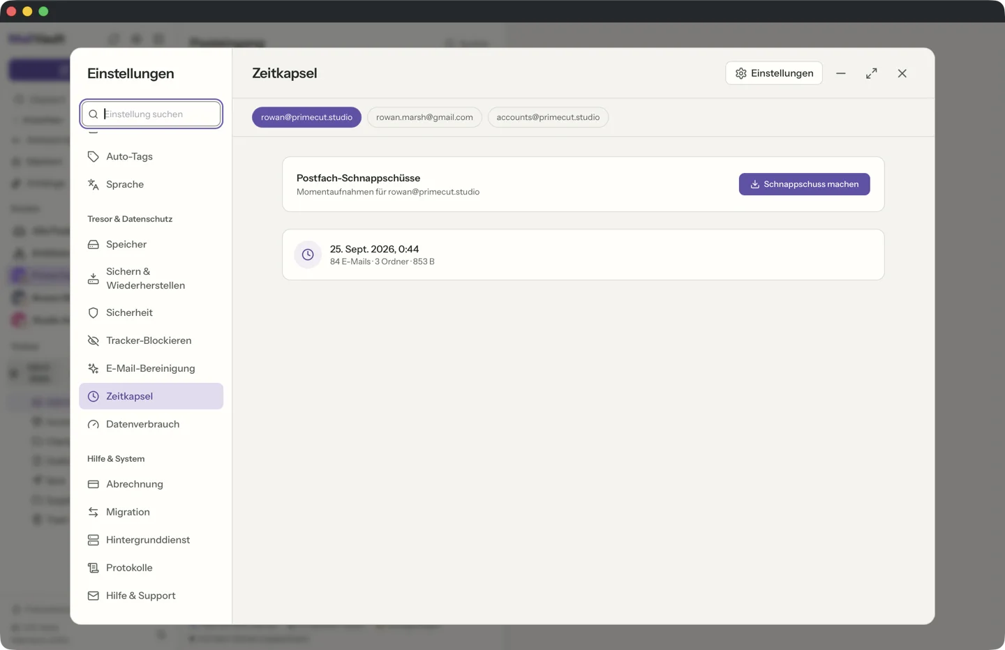 MailVault Zeitkapsel zeigt eine Momentaufnahme eines Postfachs zu einem bestimmten Zeitpunkt · MailVault version 2.16.0