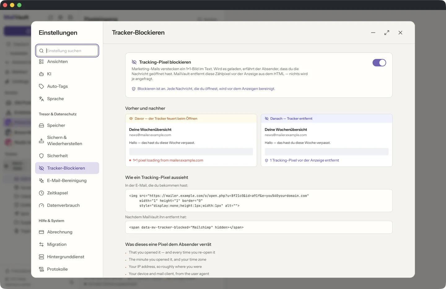 MailVault E-Mail-Tracker-Blockierung zeigt, wie Tracking-Pixel aus einer Nachricht entfernt werden, bevor sie gerendert wird · MailVault version 2.16.0