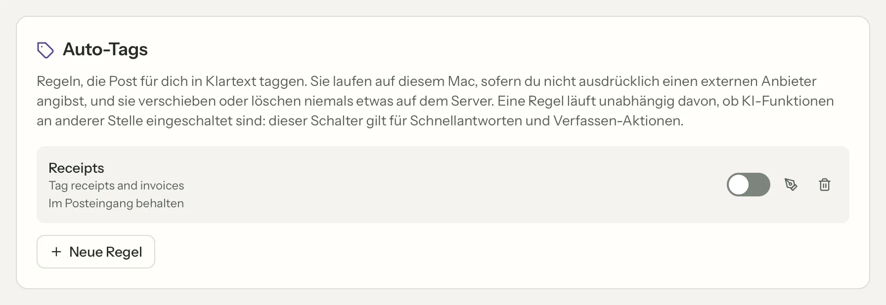 Auto-Tag-Regeln in MailVault, Nahaufnahme