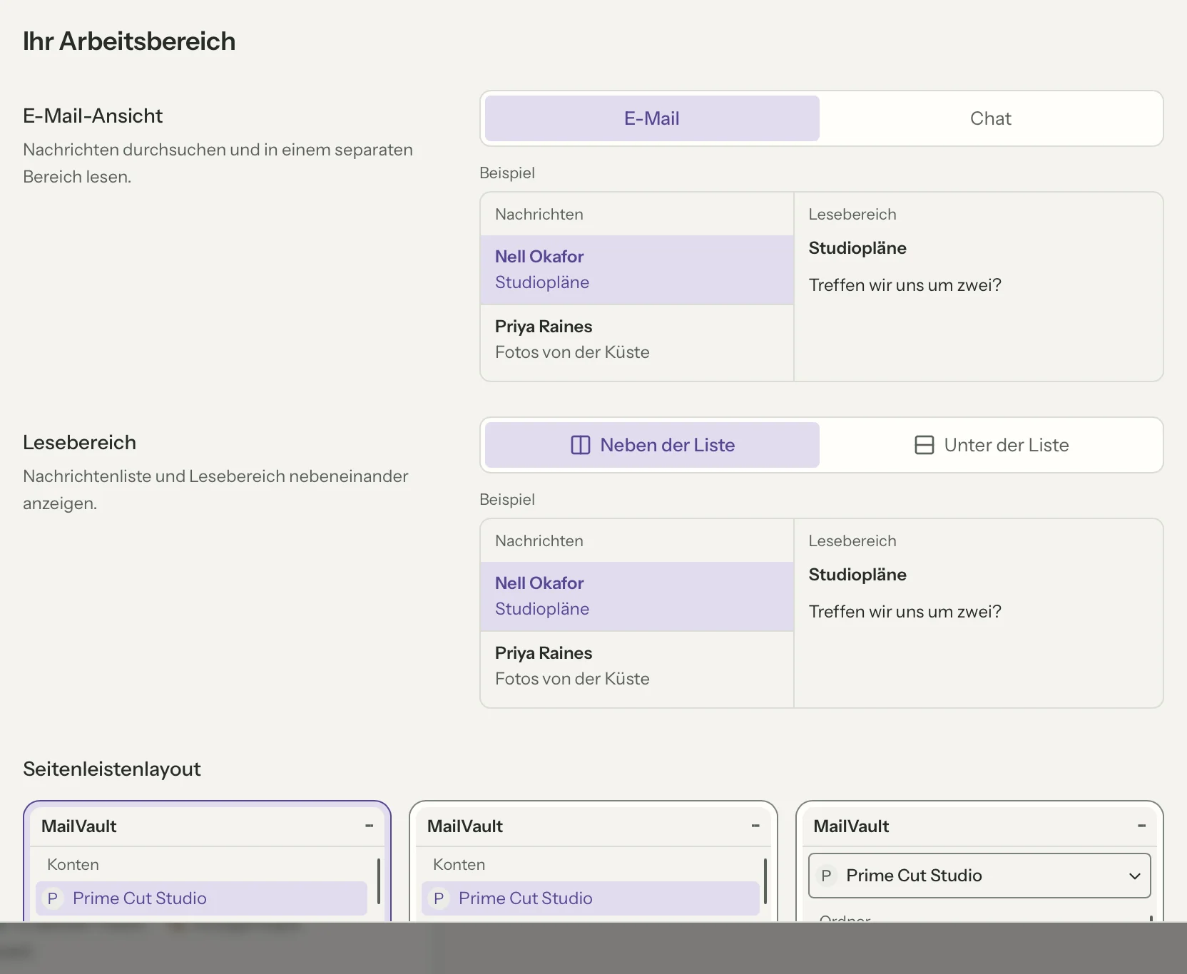 Layouts in MailVault, Nahaufnahme