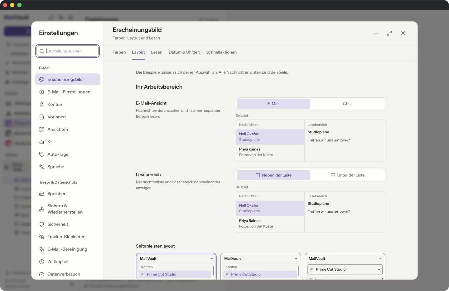 MailVault Einstellungen, Erscheinungsbild, Bereich Layout mit den Optionen für Lesebereich, Nachrichtenzeilen, Seitenleisten-Layout und Dichte · MailVault version 2.16.0