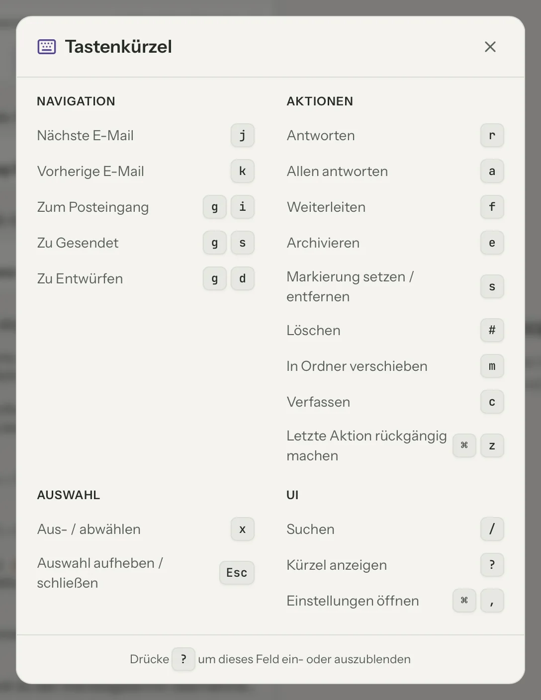 Tastenkürzel in MailVault, Nahaufnahme