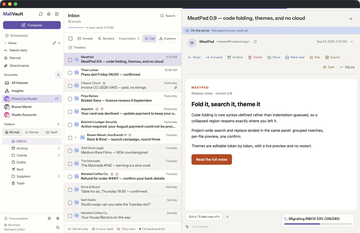 MailVault email list view showing inbox with threaded conversations