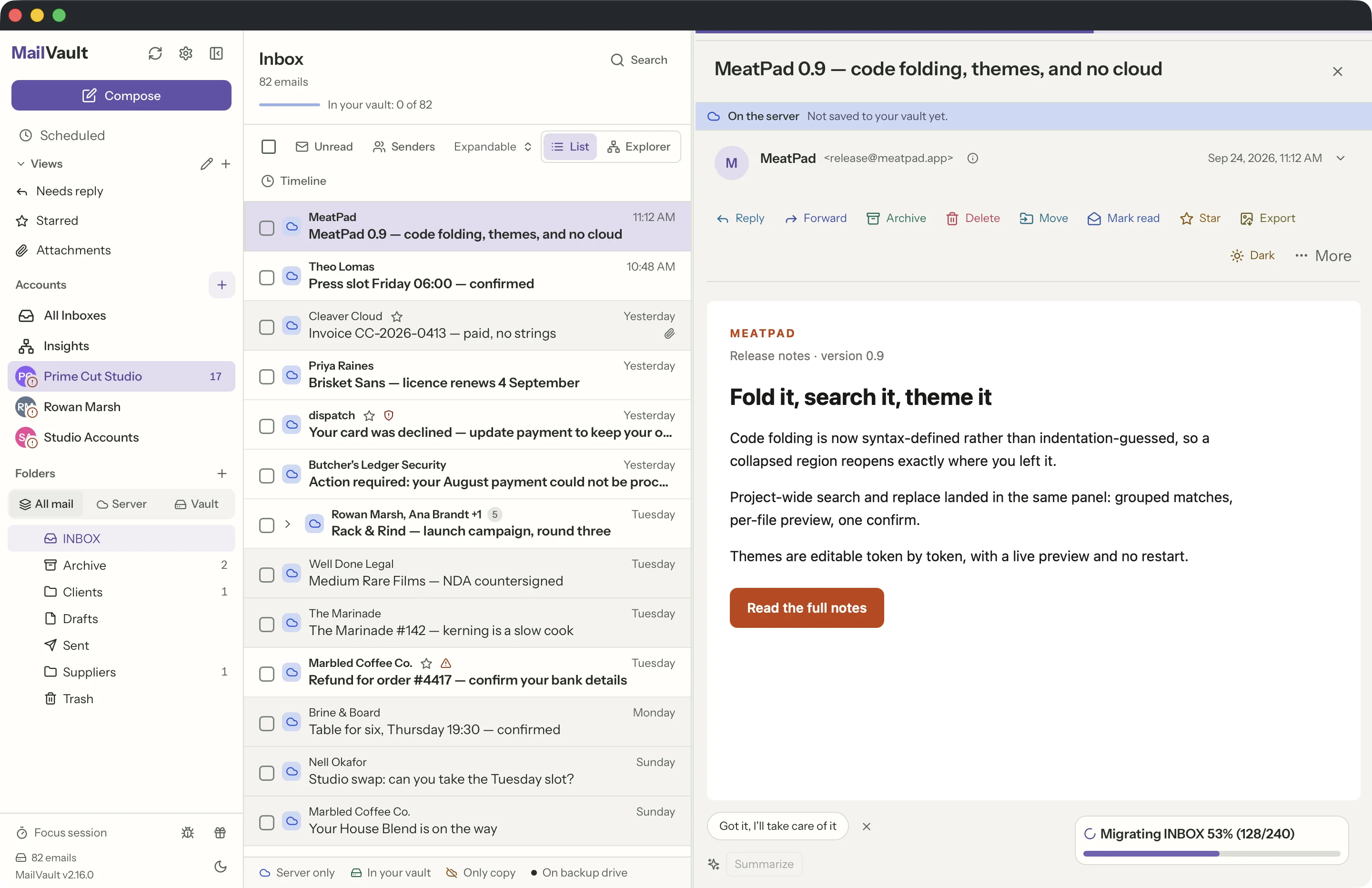 Native app in the MailVault window
