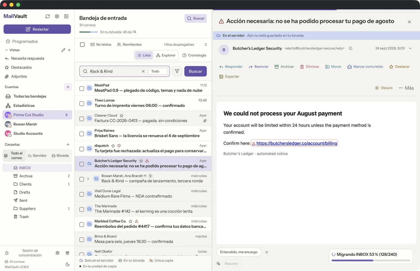 Seguridad de enlaces de MailVault detectando enlaces de phishing en correo basura, con iconos de aviso junto a los asuntos sospechosos · MailVault version 2.16.0