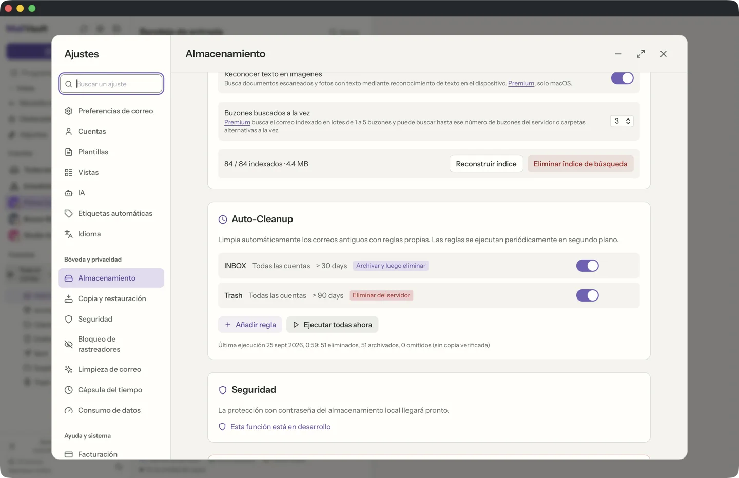 Reglas de limpieza automática en MailVault · MailVault version 2.16.0