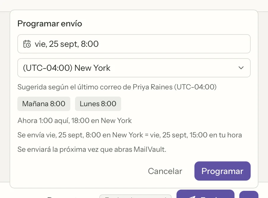 Envío programado en MailVault, de cerca