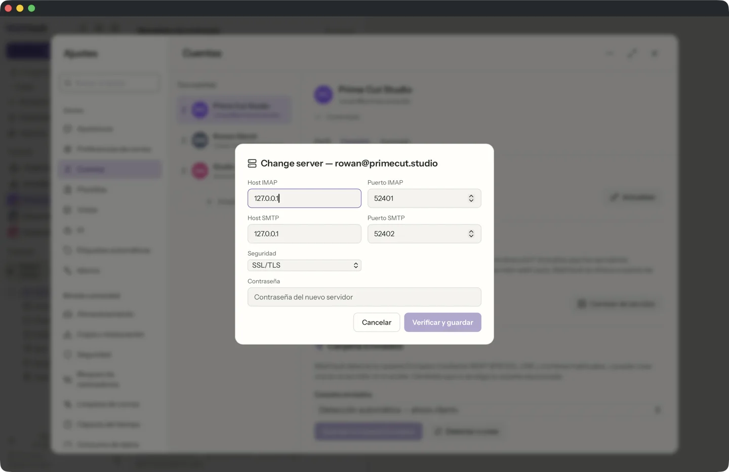 Cambio guiado de servidor en MailVault · MailVault version 2.16.0