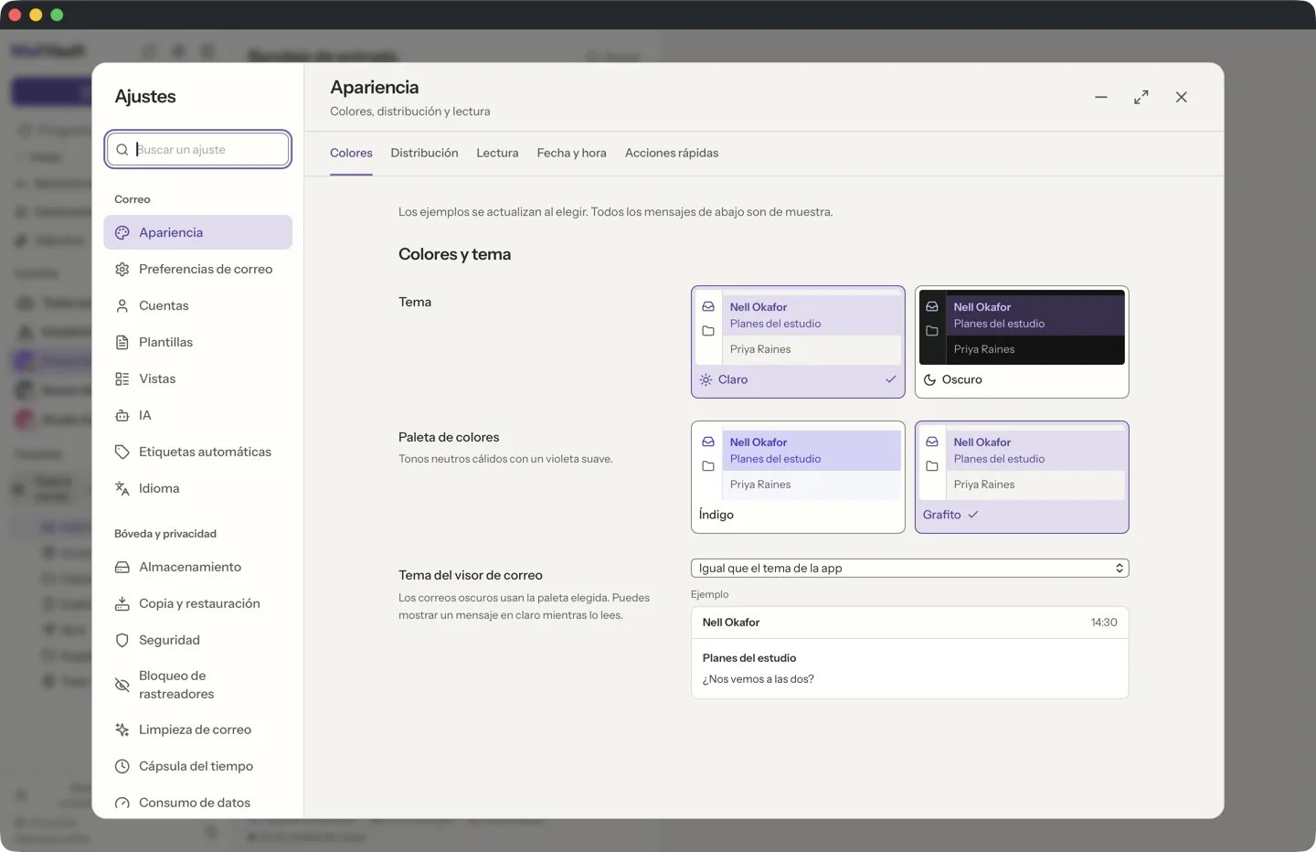 Ajustes de apariencia de MailVault con el interruptor de modo oscuro, el tema del visor de correo y los selectores de formato de fecha y hora · MailVault version 2.16.0