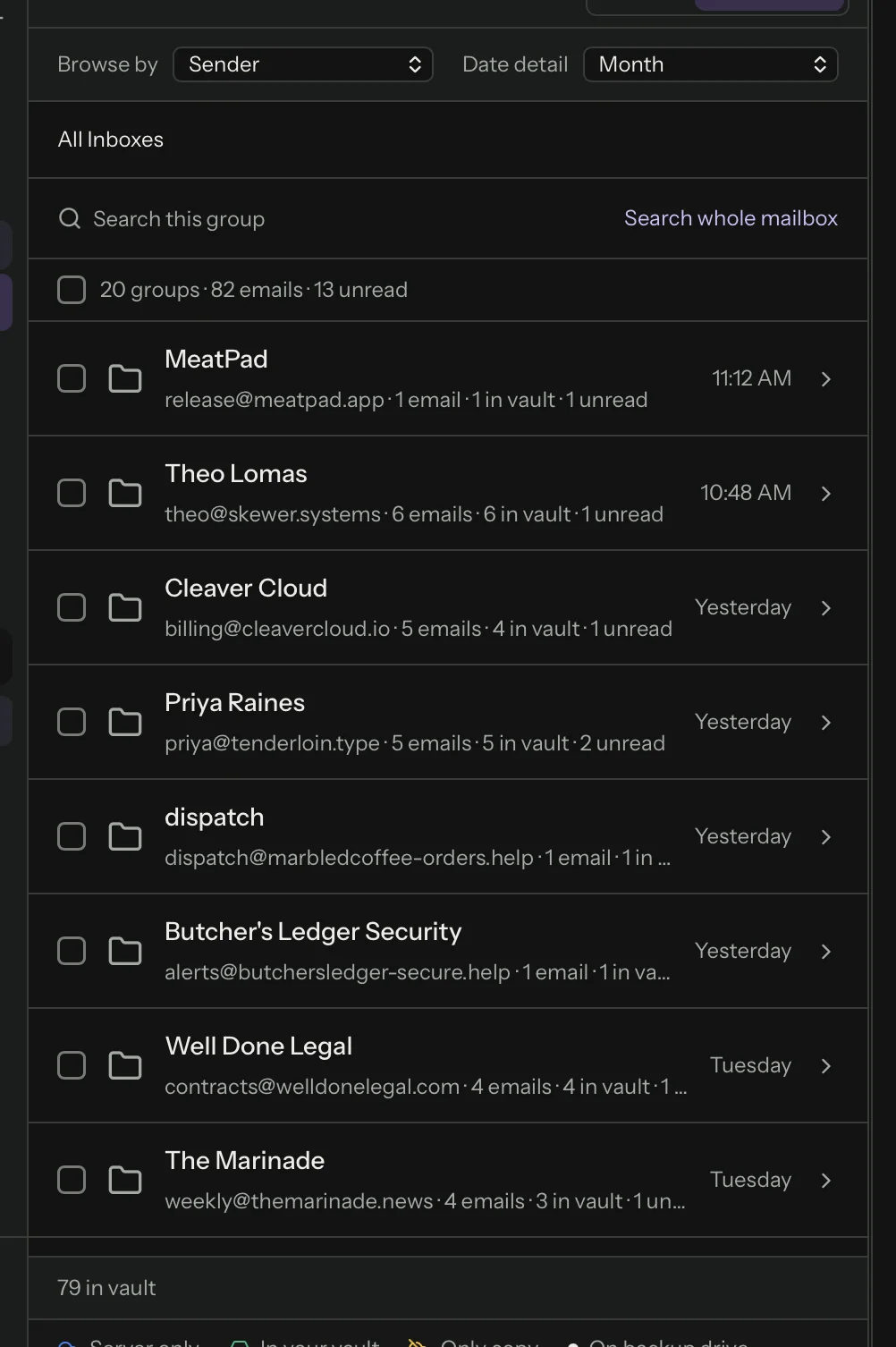 MailVault Explorer with Browse by set to Sender. A summary row reads 20 groups, 82 emails, 13 unread. Each sender row has a checkbox, a name, an address and counts, for example Theo Lomas, 6 emails, 6 in vault, 1 unread.