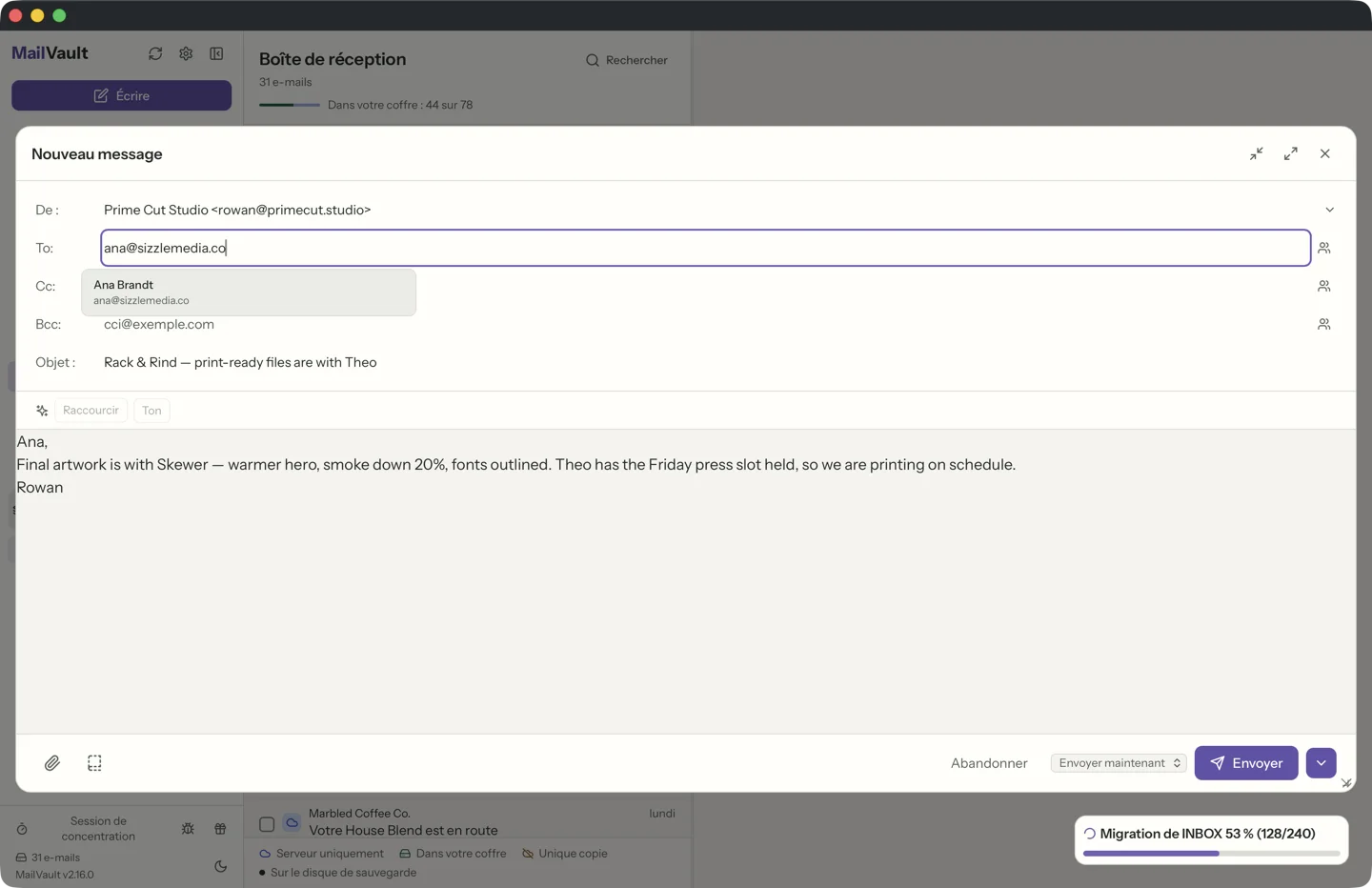 Fenêtre de rédaction et de réponse de MailVault, avec mise en forme du texte · MailVault version 2.16.0