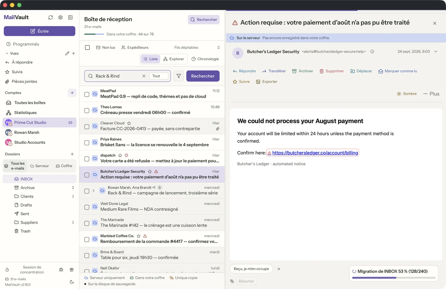 Sécurité des liens de MailVault détectant des liens d'hameçonnage dans des courriers indésirables, avec des icônes d'avertissement à côté des objets suspects · MailVault version 2.16.0
