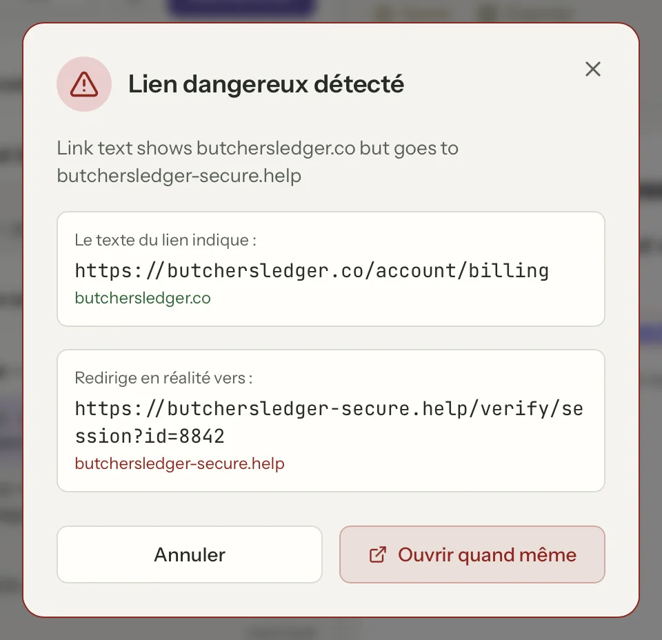 Sécurité des liens dans MailVault, en gros plan