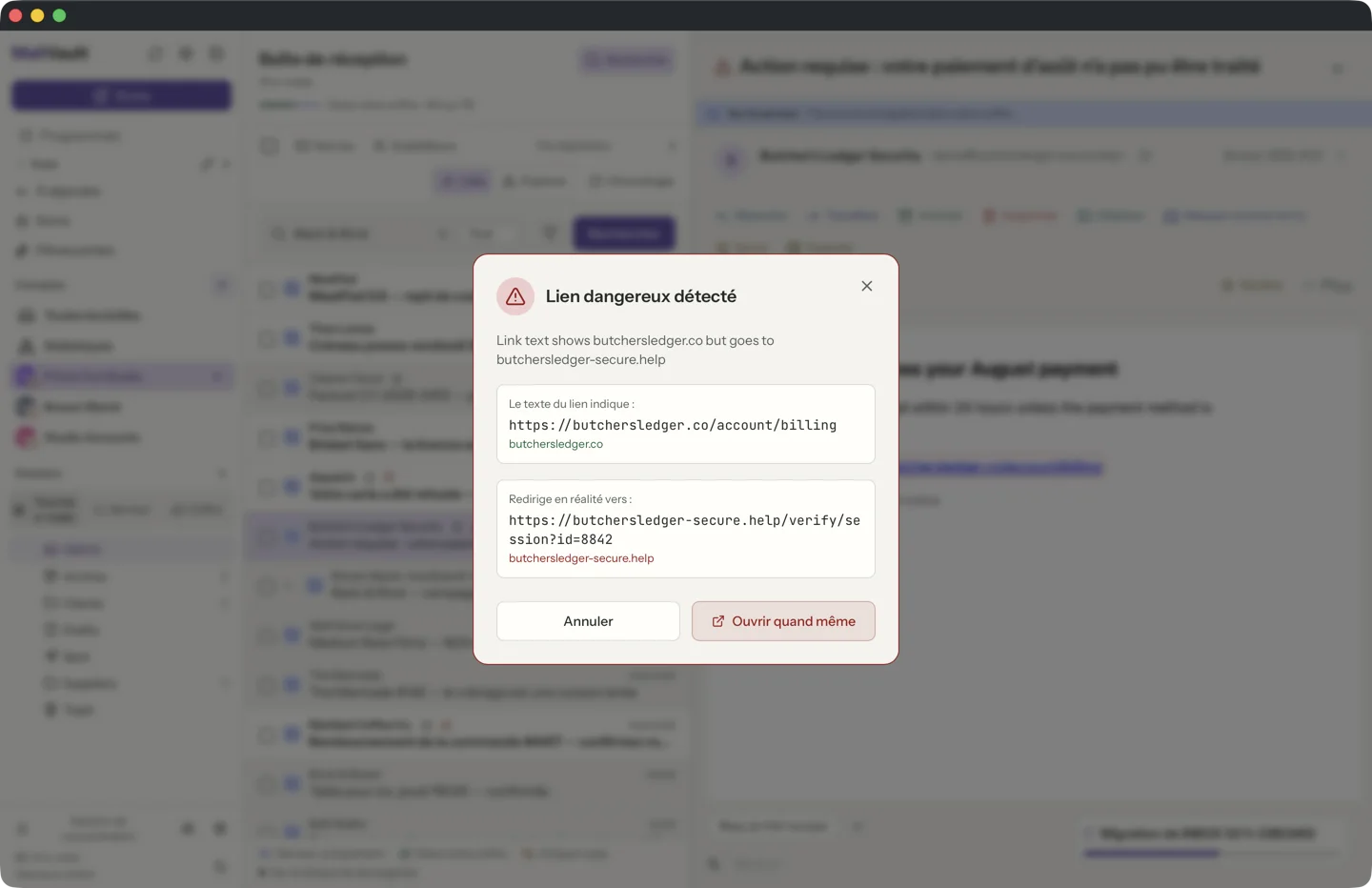 Fenêtre de lien suspect de MailVault, montrant le texte du lien face à la vraie destination de redirection · MailVault version 2.16.0
