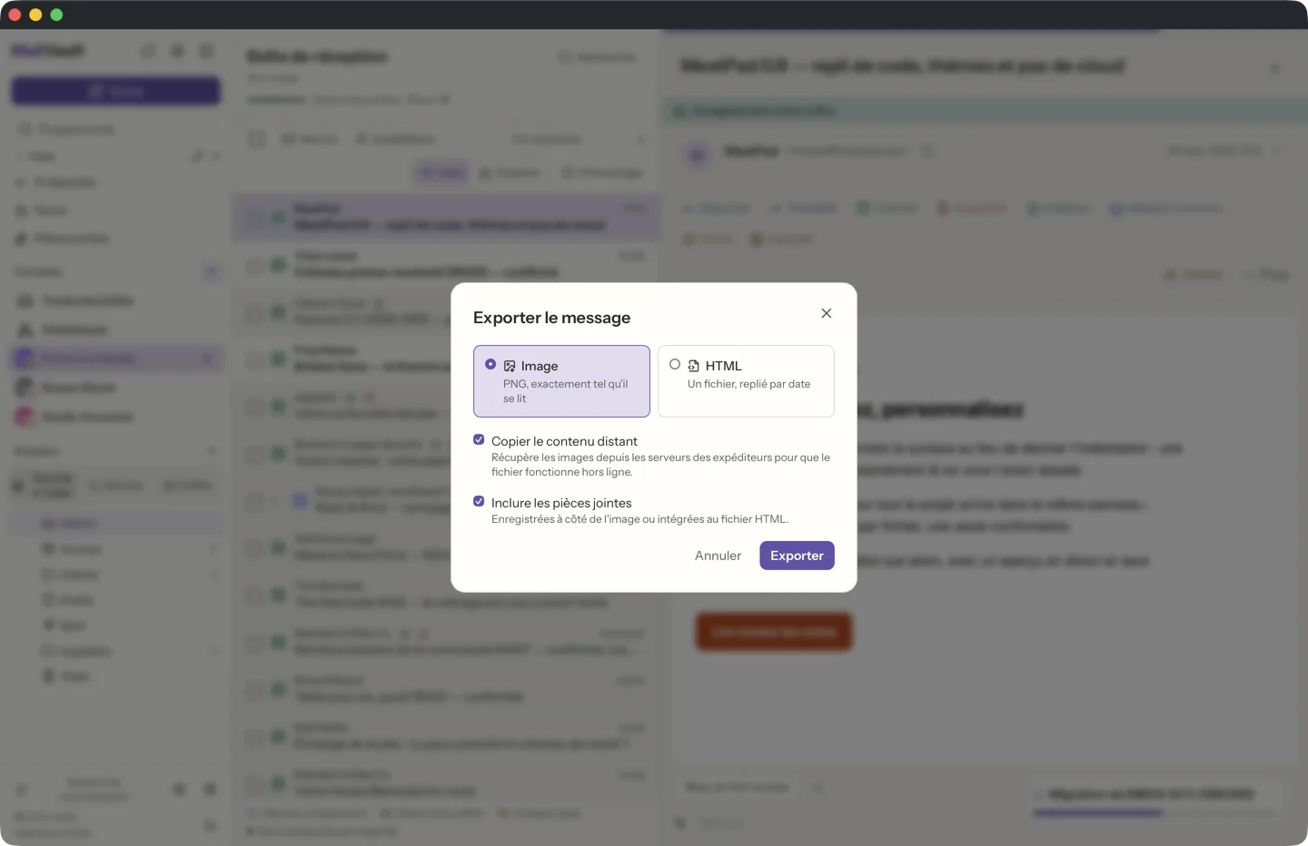 Exporter comme image ou HTML dans MailVault · MailVault version 2.16.0