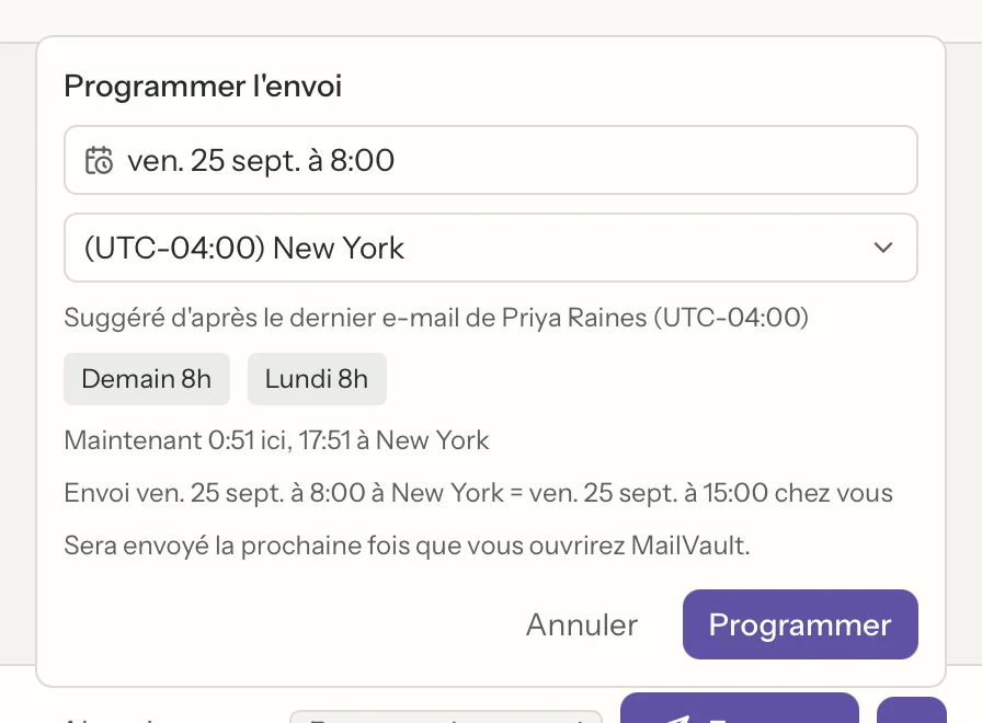 Envoi programmé dans MailVault, en gros plan