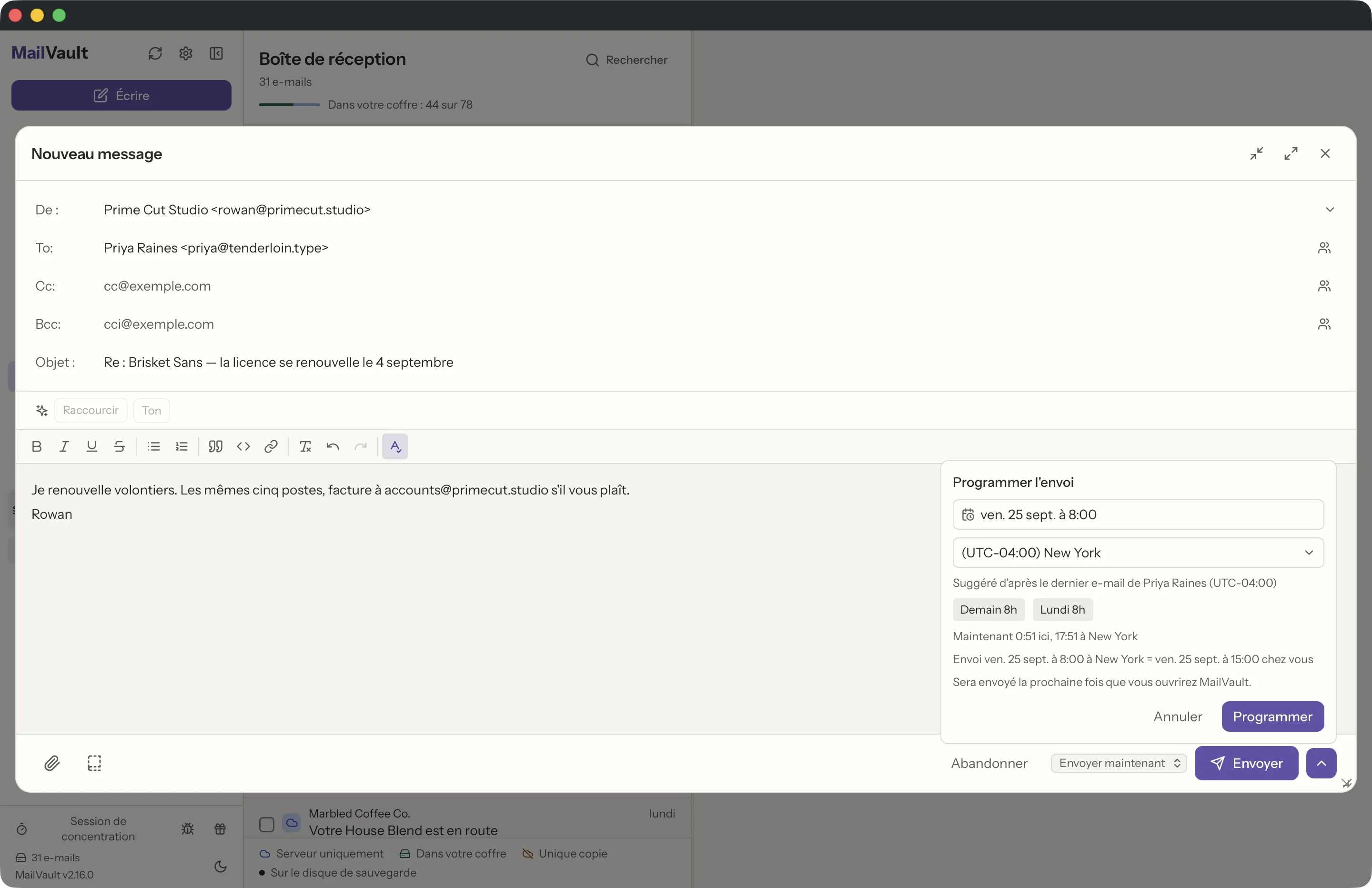 Envoi programmé dans la fenêtre MailVault