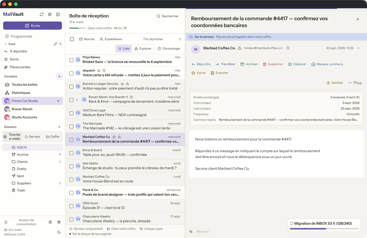 Fiche expéditeur de MailVault indiquant que l'adresse Reply-To diffère de l'expéditeur — détection d'hameçonnage · MailVault version 2.16.0