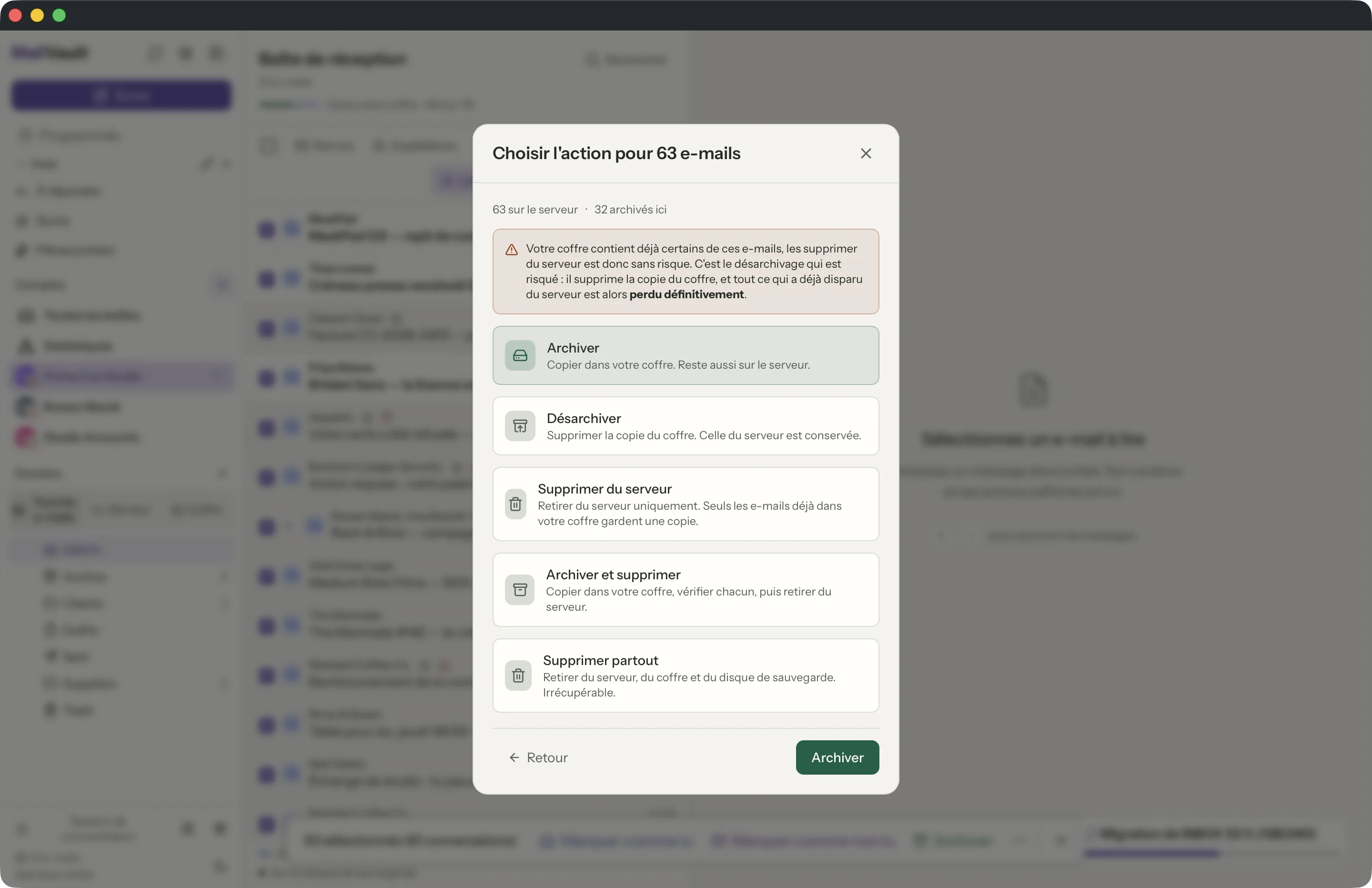 Archiver et supprimer dans la fenêtre MailVault