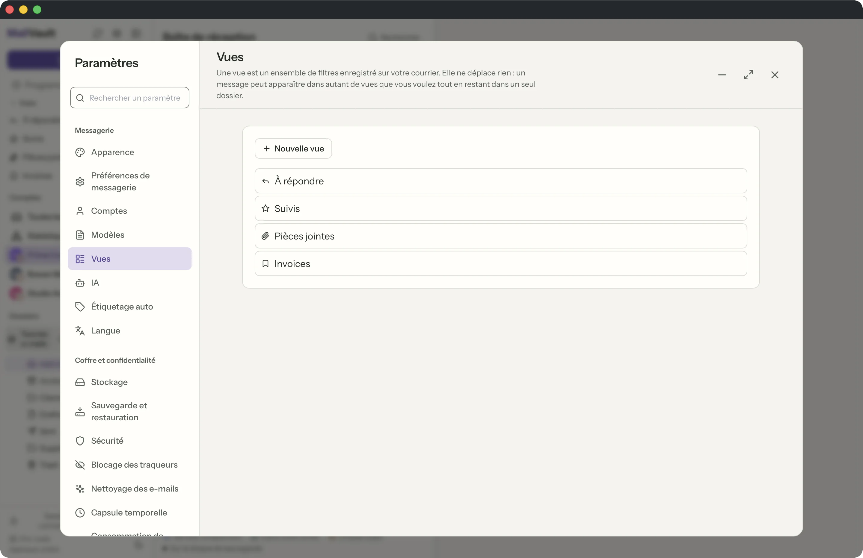 Vues enregistrées dans la fenêtre MailVault